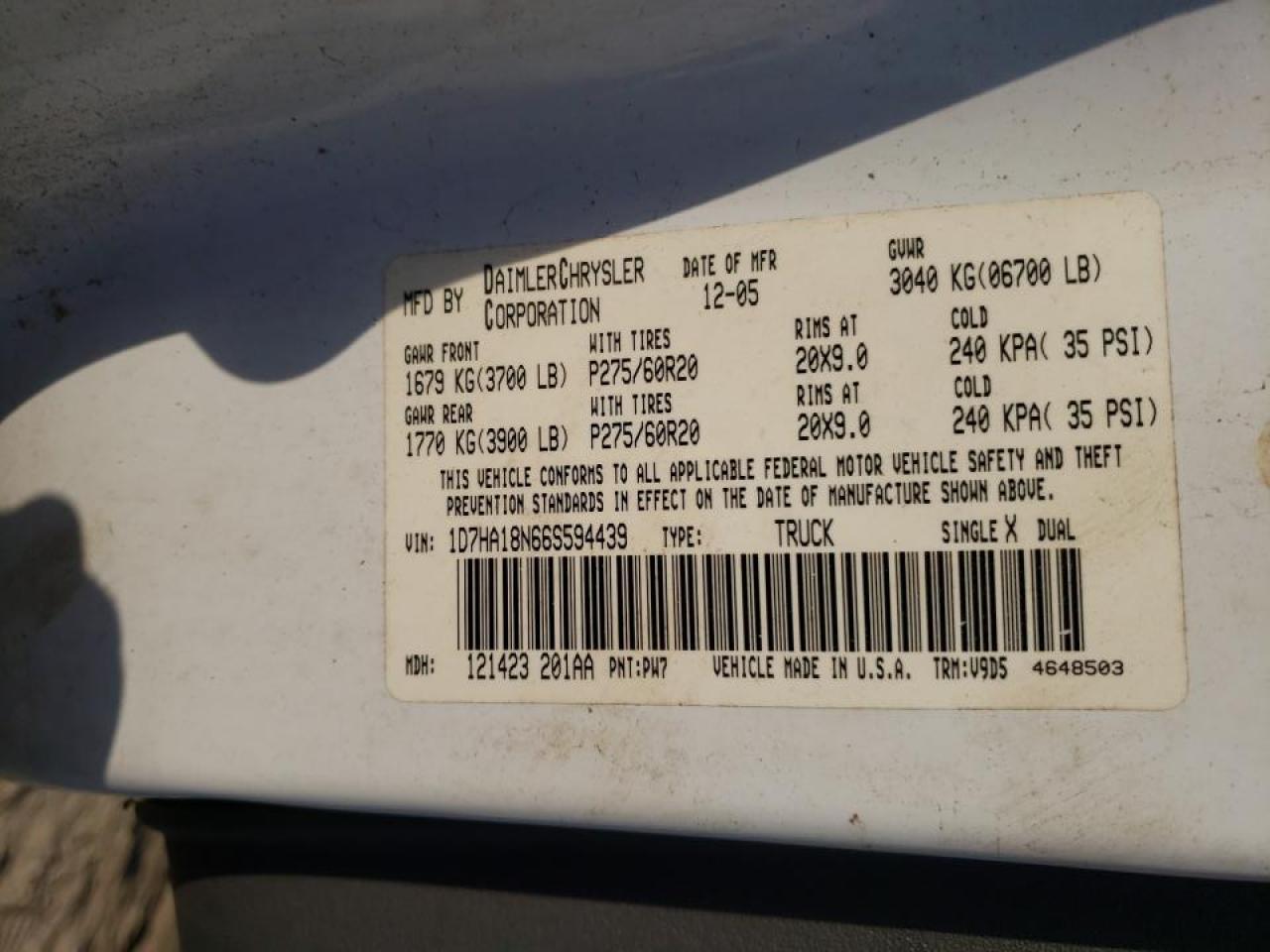 Photo 10 from auction – 2006 DODGE RAM 1500 S with VIN 1D7HA18N66S594439