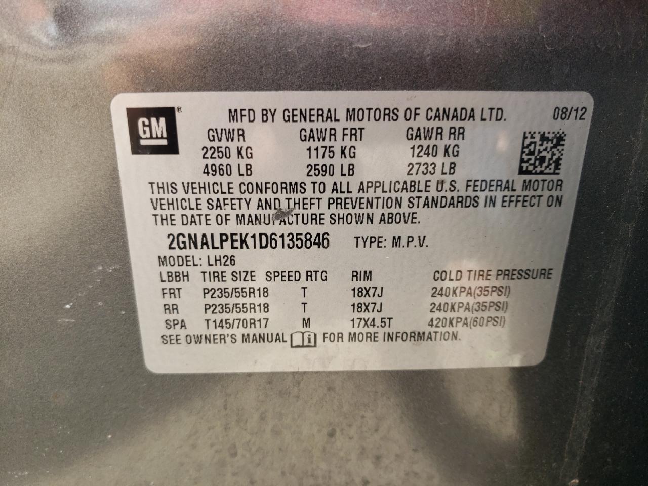 Photo 10 from auction – 2013 CHEVROLET EQUINOX LT with VIN 2GNALPEK1D6135846
