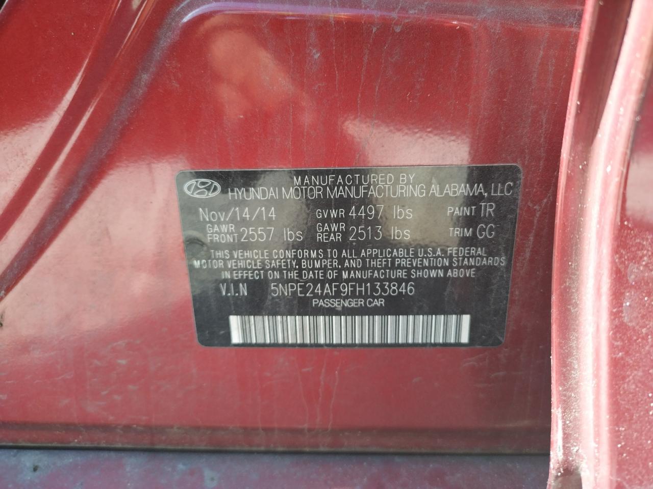 Photo 10 from auction – 2015 HYUNDAI SONATA SE with VIN 5NPE24AF9FH133846