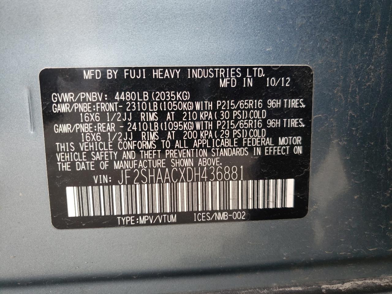 Photo 10 from auction – 2013 SUBARU FORESTER 2 with VIN JF2SHAACXDH436881