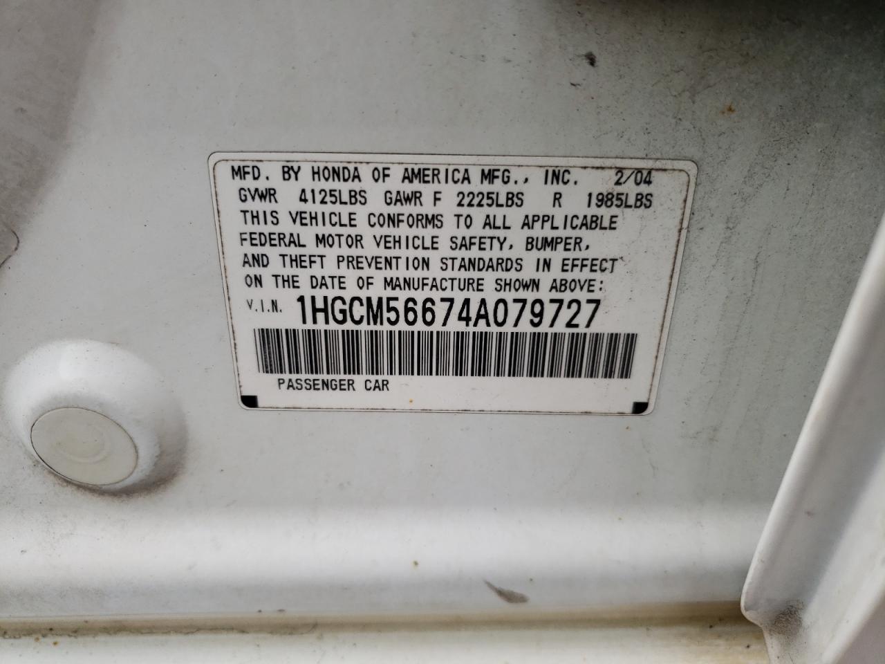Photo 10 from auction – 2004 HONDA ACCORD EX with VIN 1HGCM56674A079727