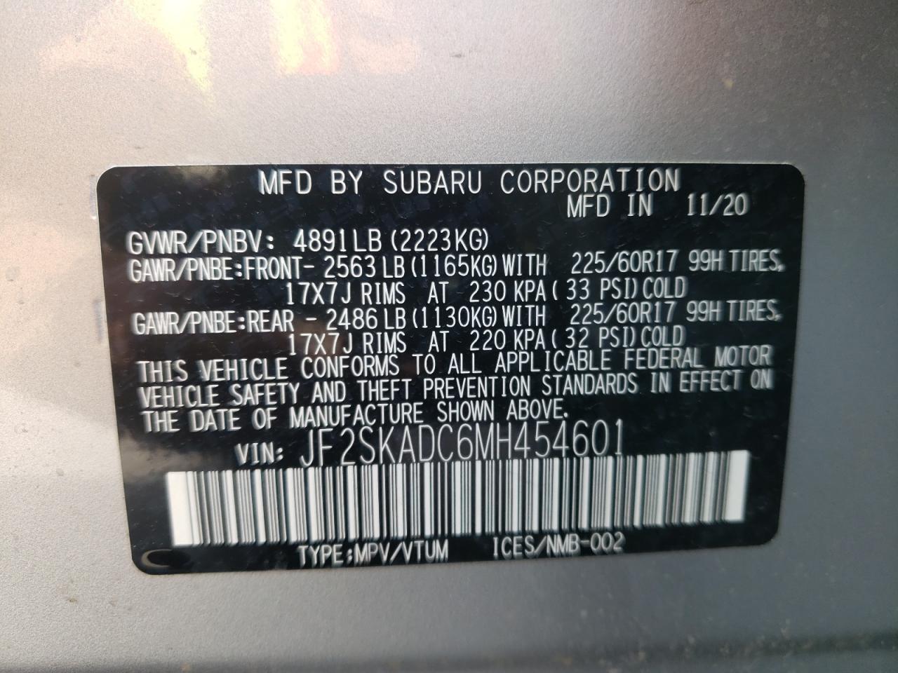 Photo 10 from auction – 2021 SUBARU FORESTER with VIN JF2SKADC6MH454601
