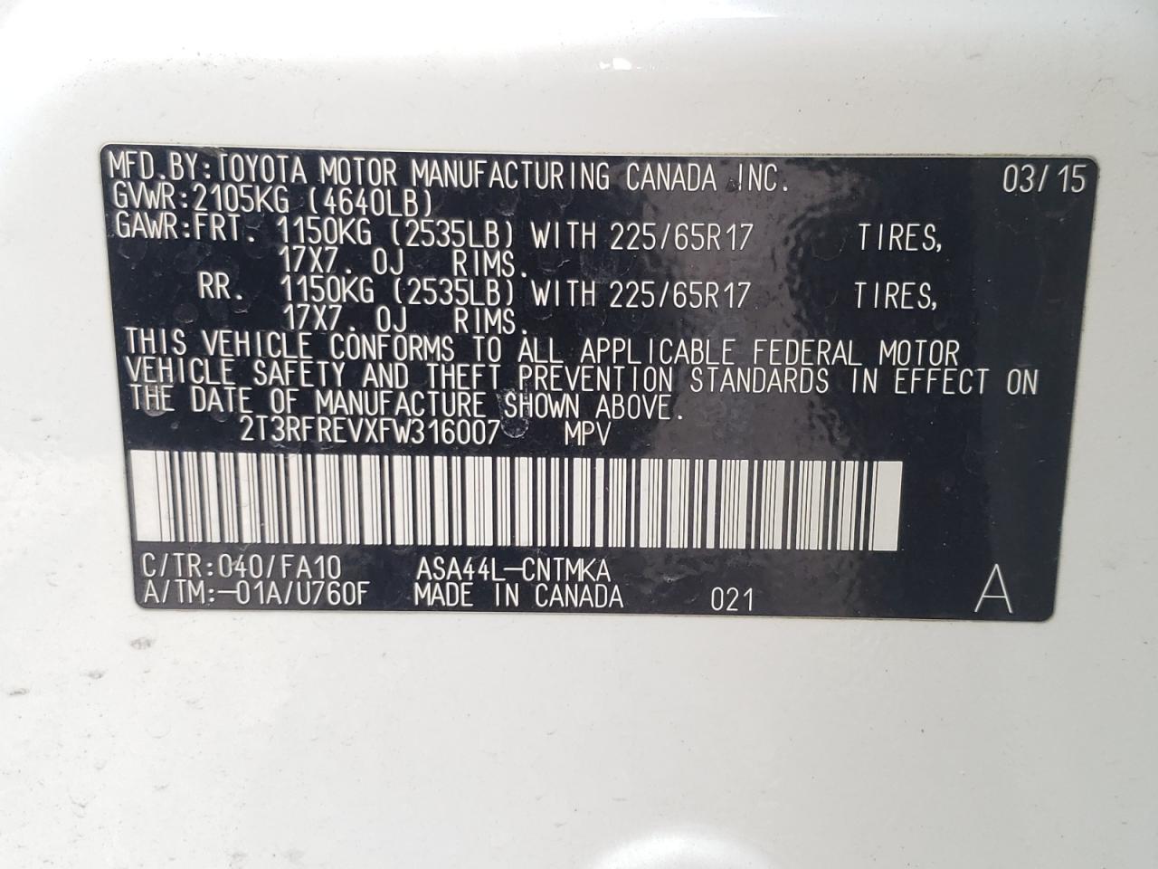 Photo 10 from auction – 2015 TOYOTA RAV4 XLE with VIN 2T3RFREVXFW316007
