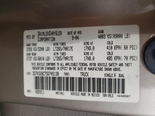 Photo 10 from auction – 2005 DODGE RAM 2500 S with VIN 3D7KS28C75G745138