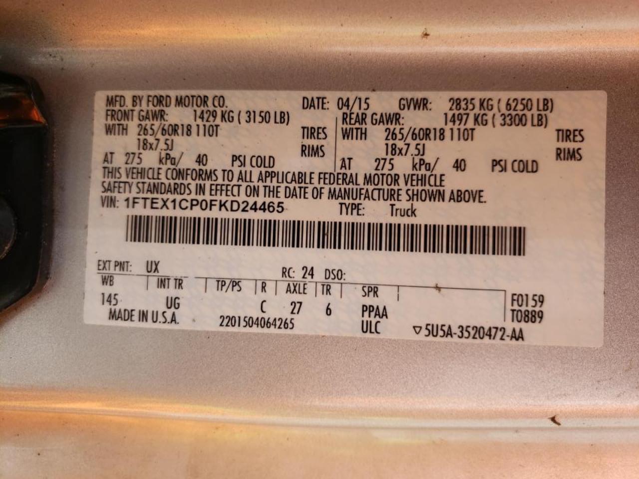 Photo 10 from auction – 2015 FORD F150 SUPER with VIN 1FTEX1CP0FKD24465