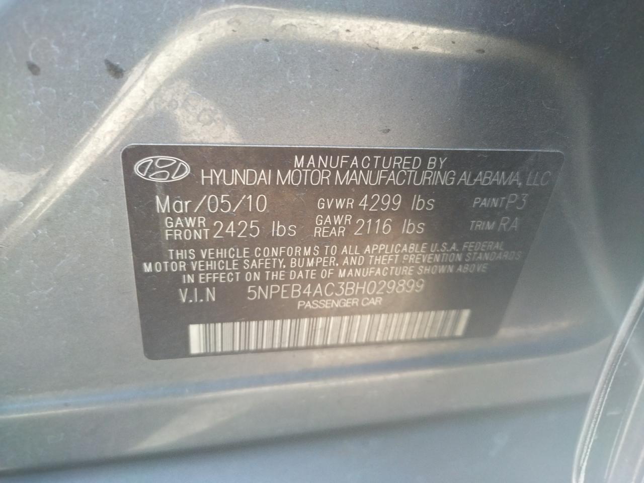 Photo 10 from auction – 2011 HYUNDAI SONATA GLS with VIN 5NPEB4AC3BH029899