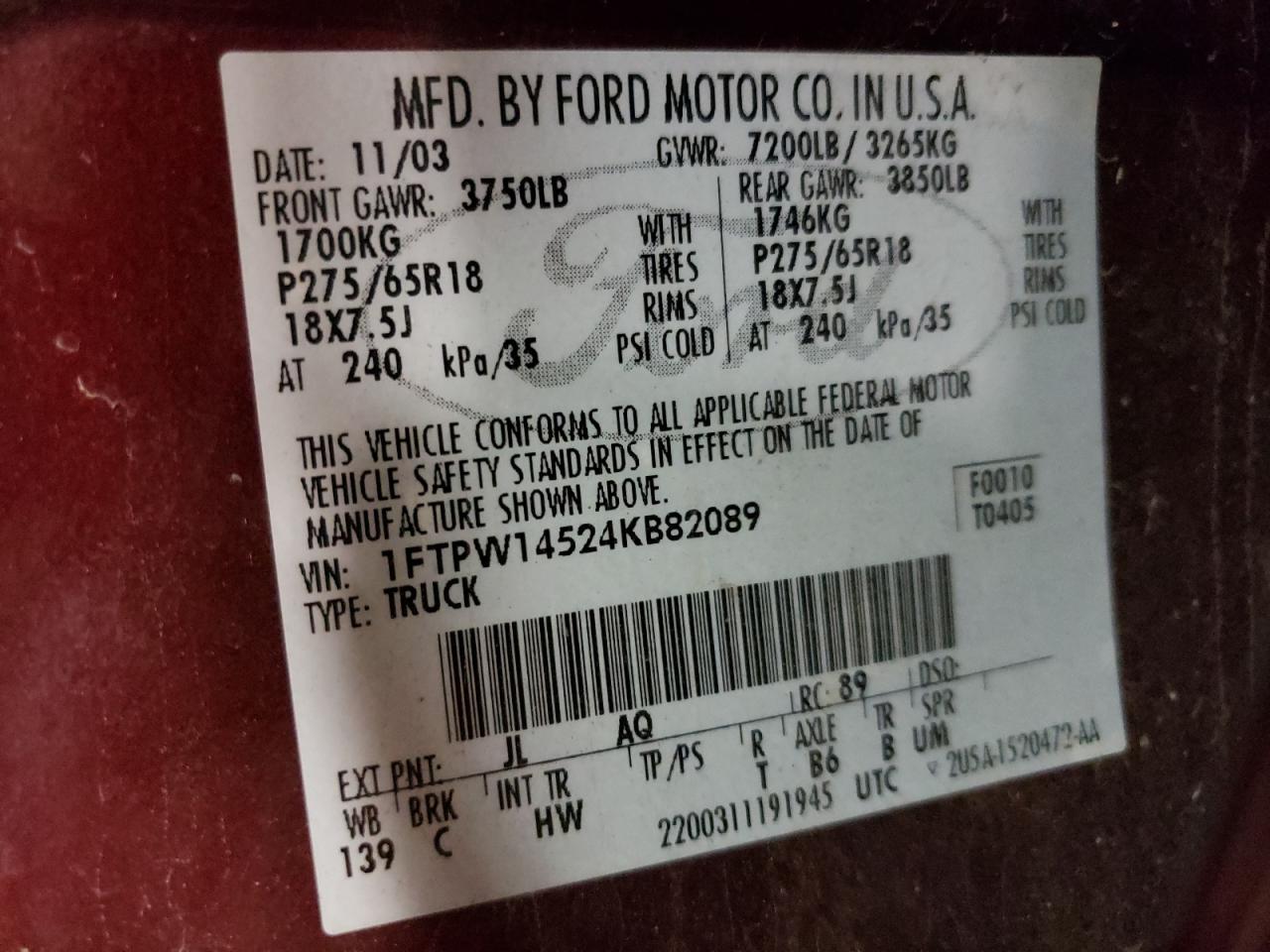 Photo 10 from auction – 2004 FORD F150 SUPER with VIN 1FTPW14524KB82089