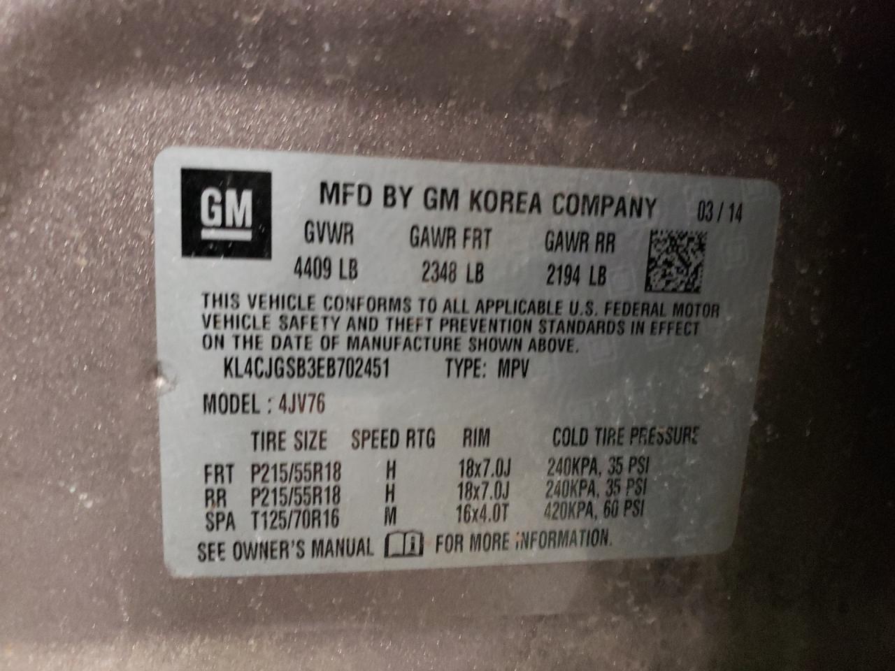Photo 10 from auction – 2014 BUICK ENCORE with VIN KL4CJGSB3EB702451