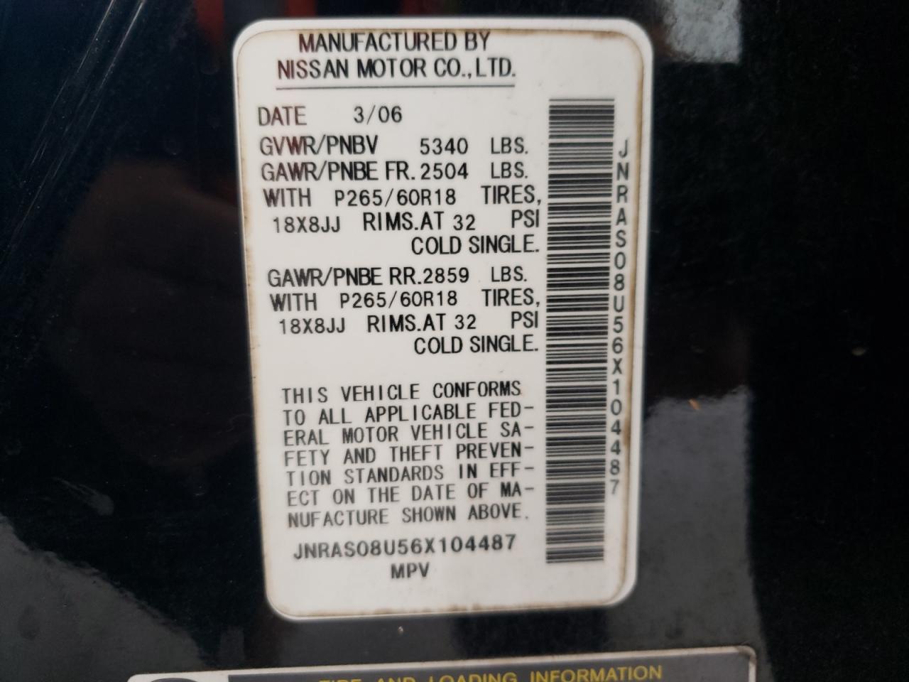 Photo 10 from auction – 2006 INFINITI FX35 with VIN JNRAS08U56X104487