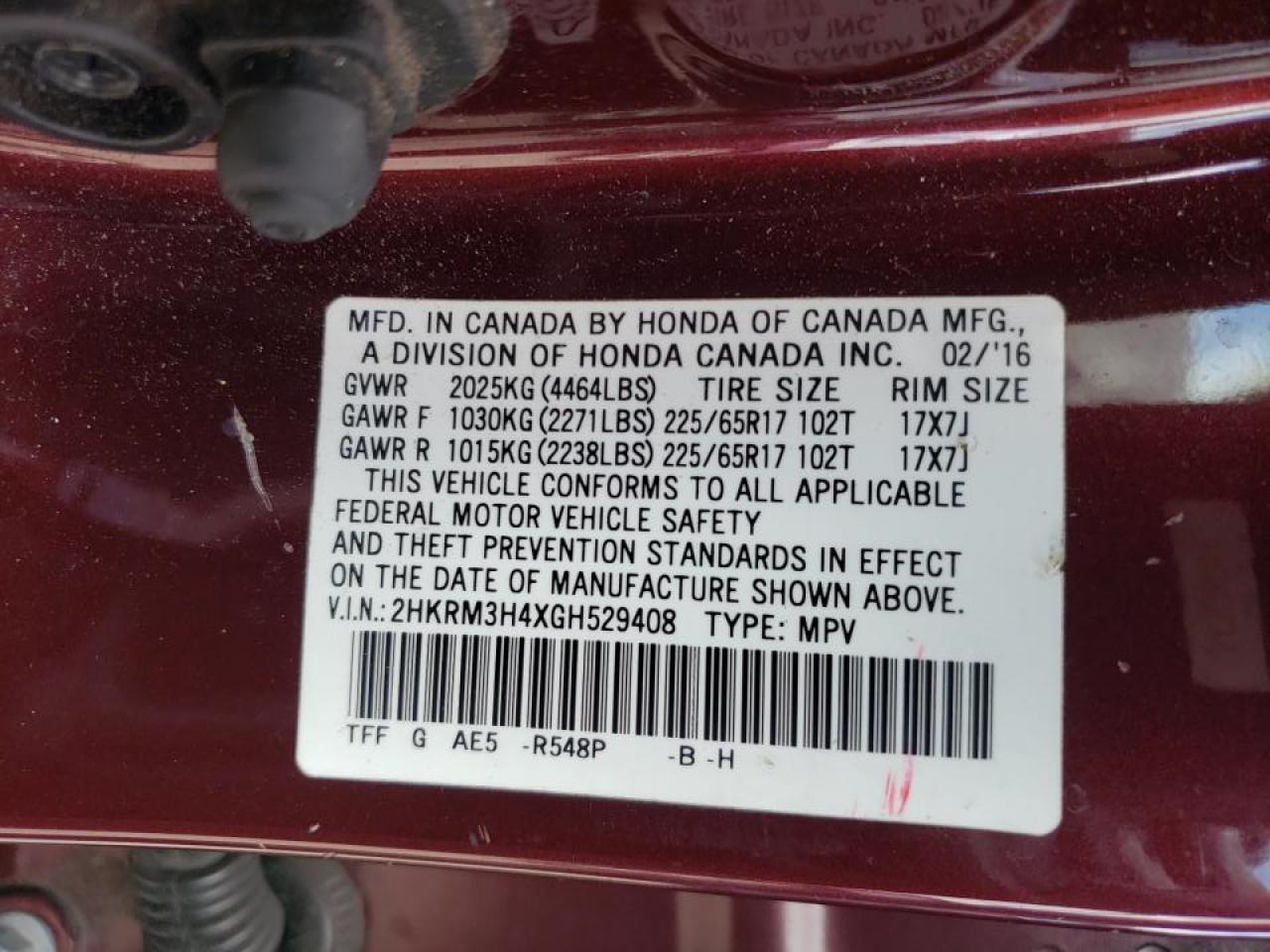 Photo 10 from auction – 2016 HONDA CR-V SE with VIN 2HKRM3H4XGH529408