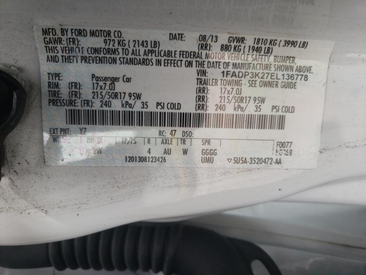 Photo 10 from auction – 2014 FORD FOCUS SE with VIN 1FADP3K27EL136778