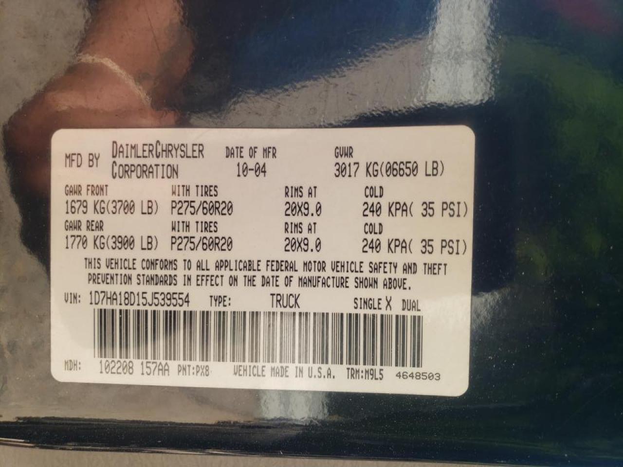 Zdjęcie 10 z aukcji – 2005 DODGE RAM 1500 S z VIN 1D7HA18D15J539554
