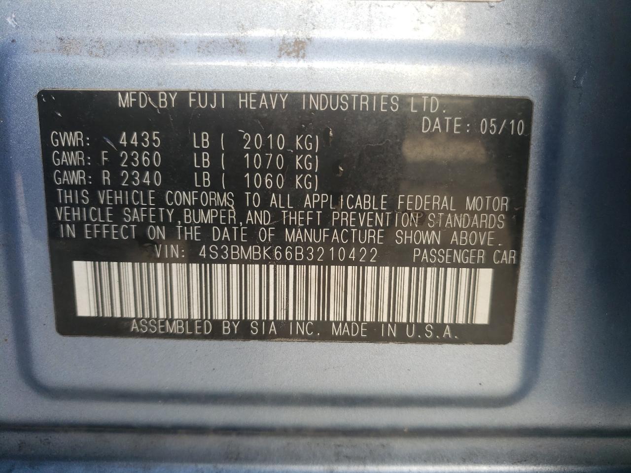 Foto 10 de la subasta – 2011 SUBARU LEGACY 2.5 con VIN 4S3BMBK66B3210422