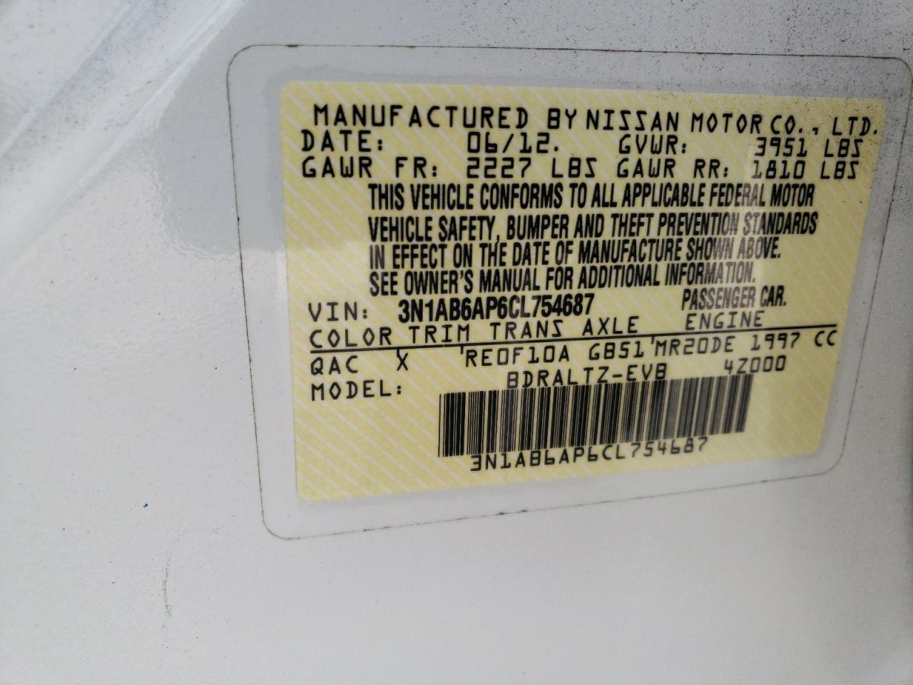 Photo 10 from auction – 2012 NISSAN SENTRA 2.0 with VIN 3N1AB6AP6CL754687