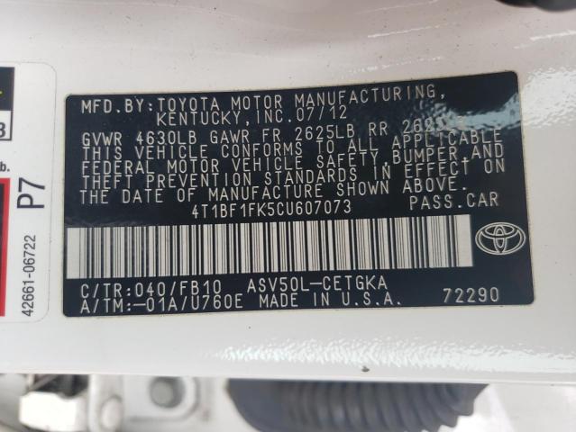 Photo 10 from auction – 2012 TOYOTA CAMRY BASE with VIN 4T1BF1FK5CU607073