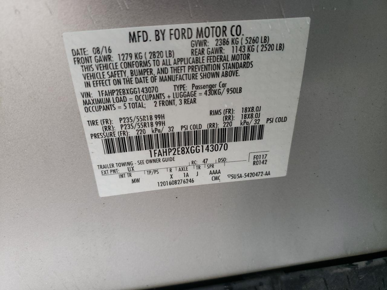 Photo 10 from auction – 2016 FORD TAURUS SEL with VIN 1FAHP2E8XGG143070