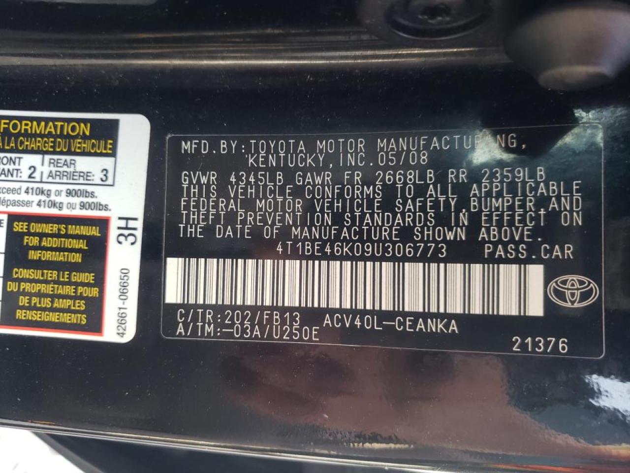 Photo 10 from auction – 2009 TOYOTA CAMRY BASE with VIN 4T1BE46K09U306773