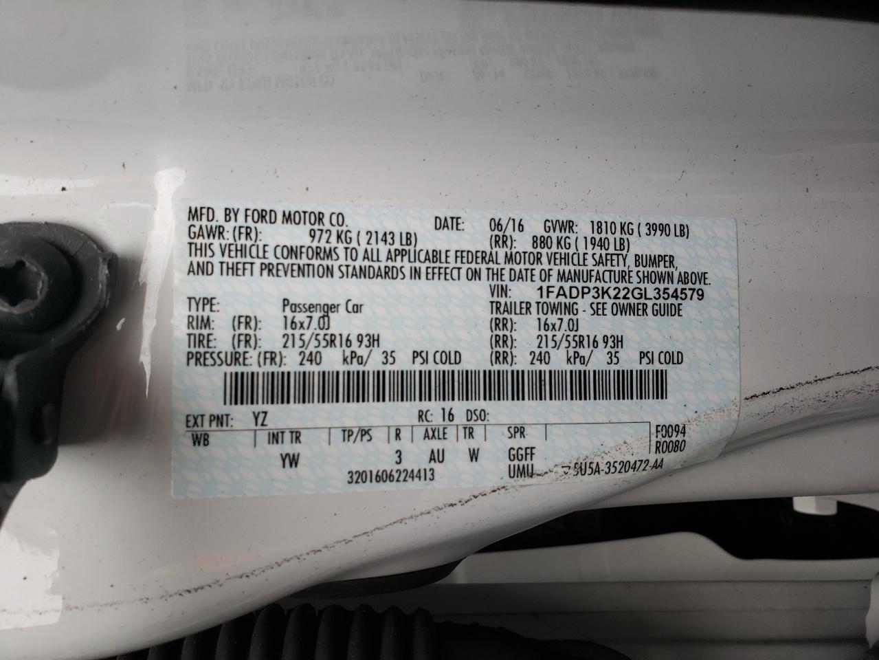 Photo 10 from auction – 2016 FORD FOCUS SE with VIN 1FADP3K22GL354579