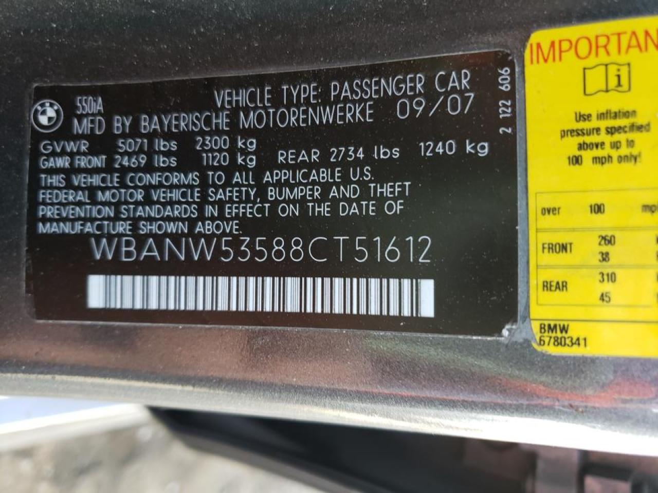 Photo 10 from auction – 2008 BMW 550 I with VIN WBANW53588CT51612