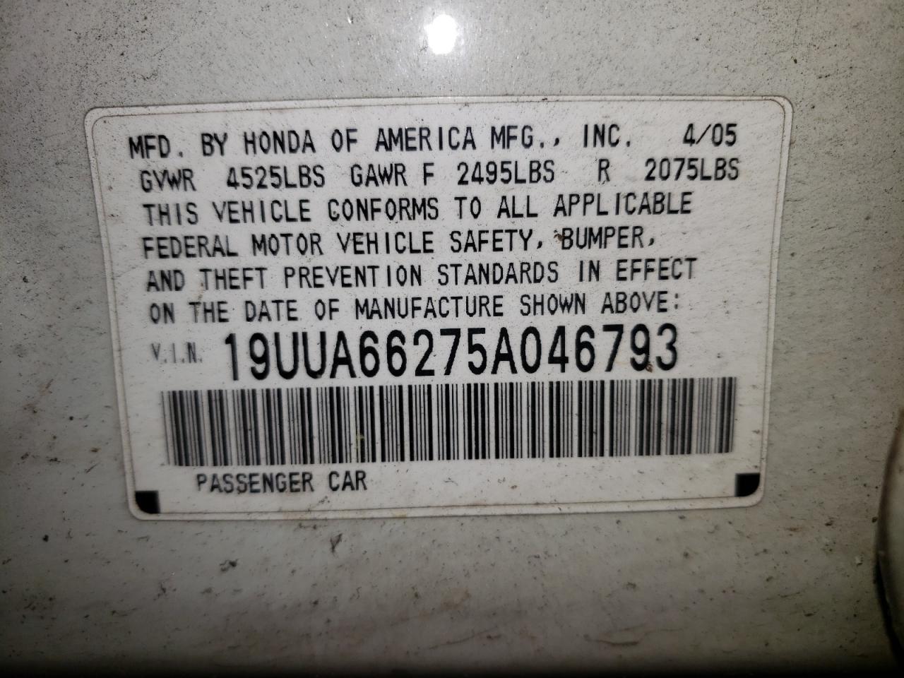 Photo 10 from auction – 2005 ACURA TL with VIN 19UUA66275A046793