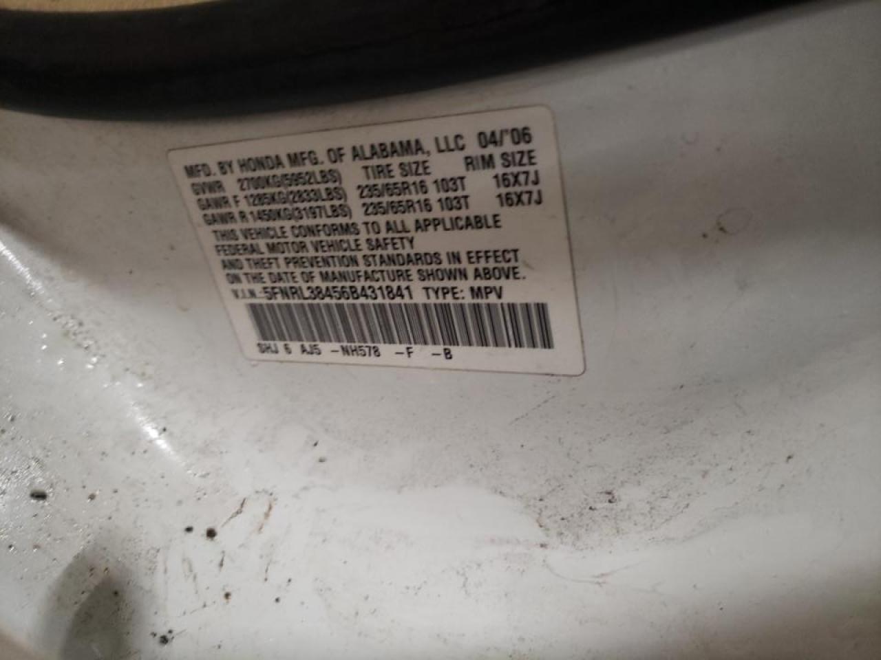 Photo 10 from auction – 2006 HONDA ODYSSEY EX with VIN 5FNRL38456B431841