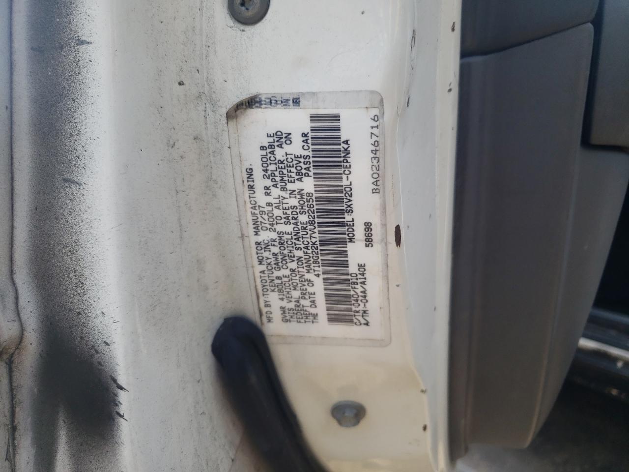 Photo 10 from auction – 1997 TOYOTA CAMRY CE with VIN 4T1BG22K7VU822658