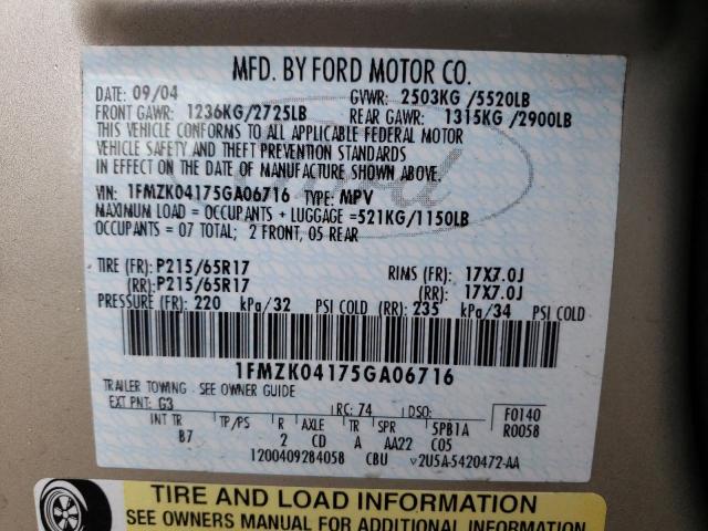 Photo 10 from auction – 2005 FORD FREESTAR with VIN 1FMZK04175GA06716