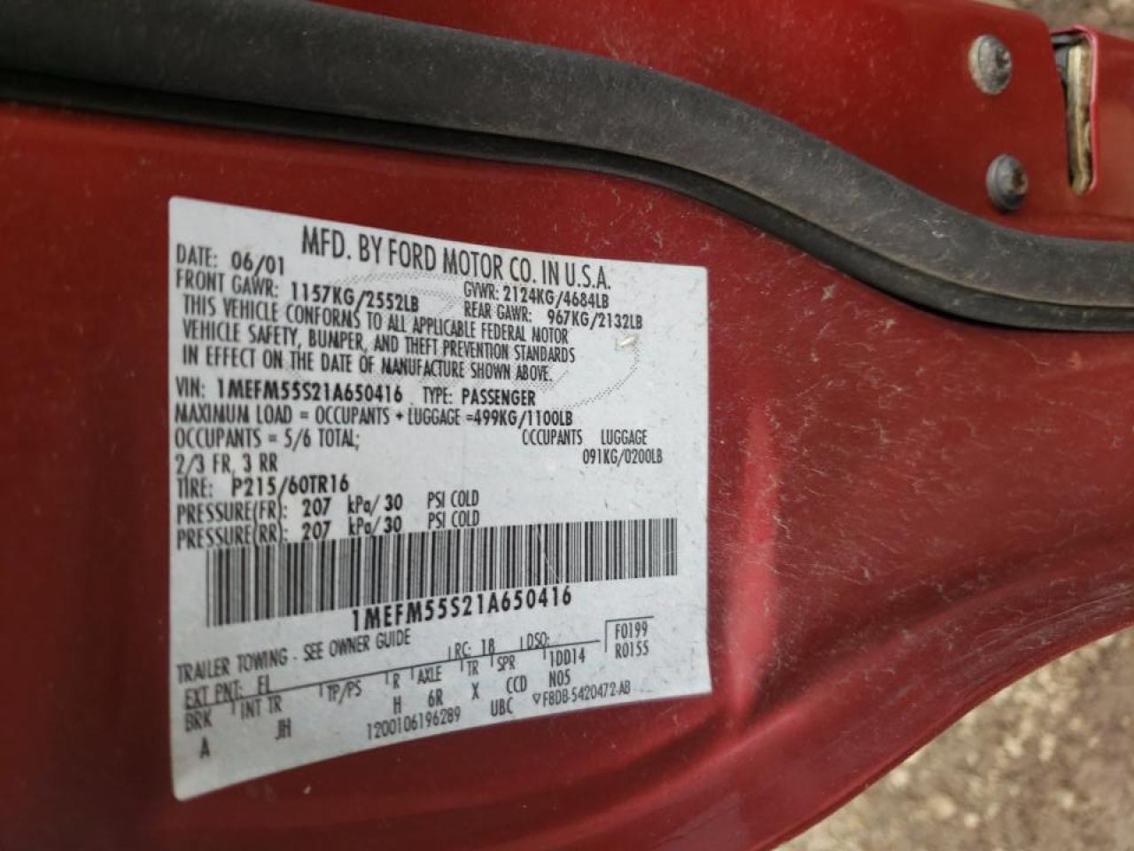 Photo 10 from auction – 2001 MERCURY SABLE LS P with VIN 1MEFM55S21A650416