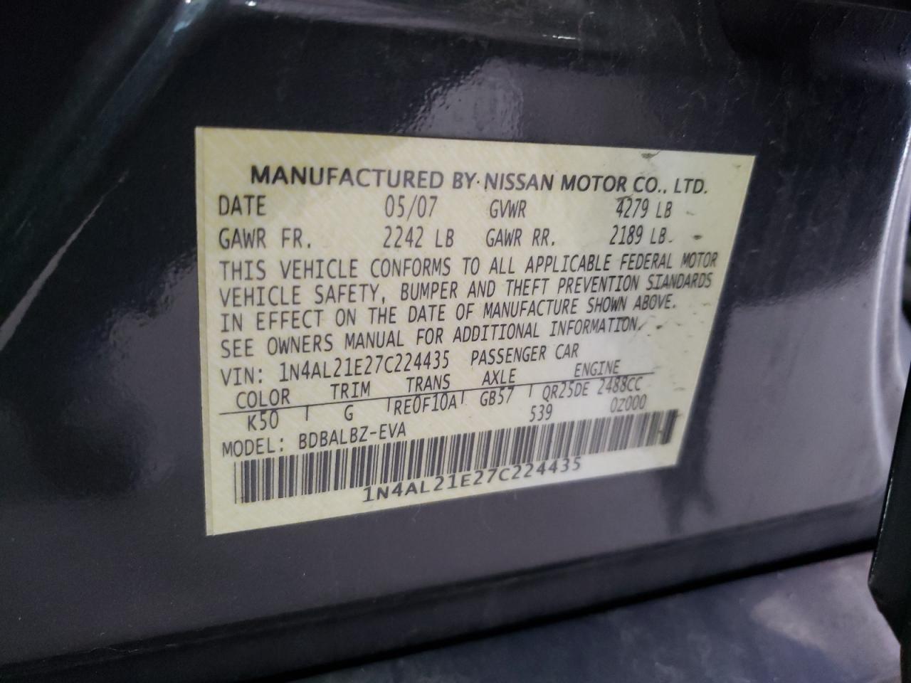 Photo 10 from auction – 2007 NISSAN ALTIMA 2.5 with VIN 1N4AL21E27C224435