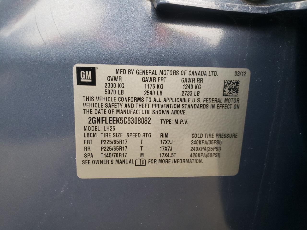 Photo 10 from auction – 2012 CHEVROLET EQUINOX LT with VIN 2GNFLEEK5C6308082