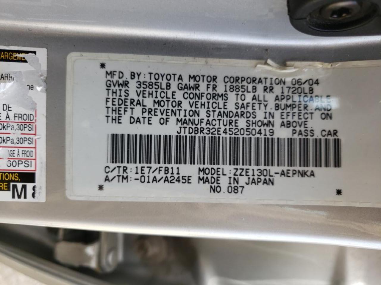 Zdjęcie 10 z aukcji – 2005 TOYOTA COROLLA CE z VIN JTDBR32E452050419
