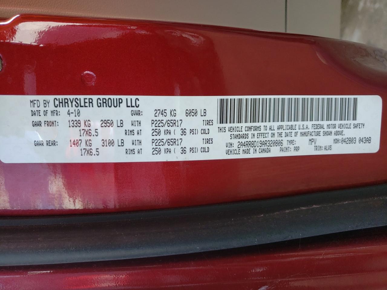 Photo 10 from auction – 2010 CHRYSLER TOWN & COU with VIN 2A4RR8D19AR320806