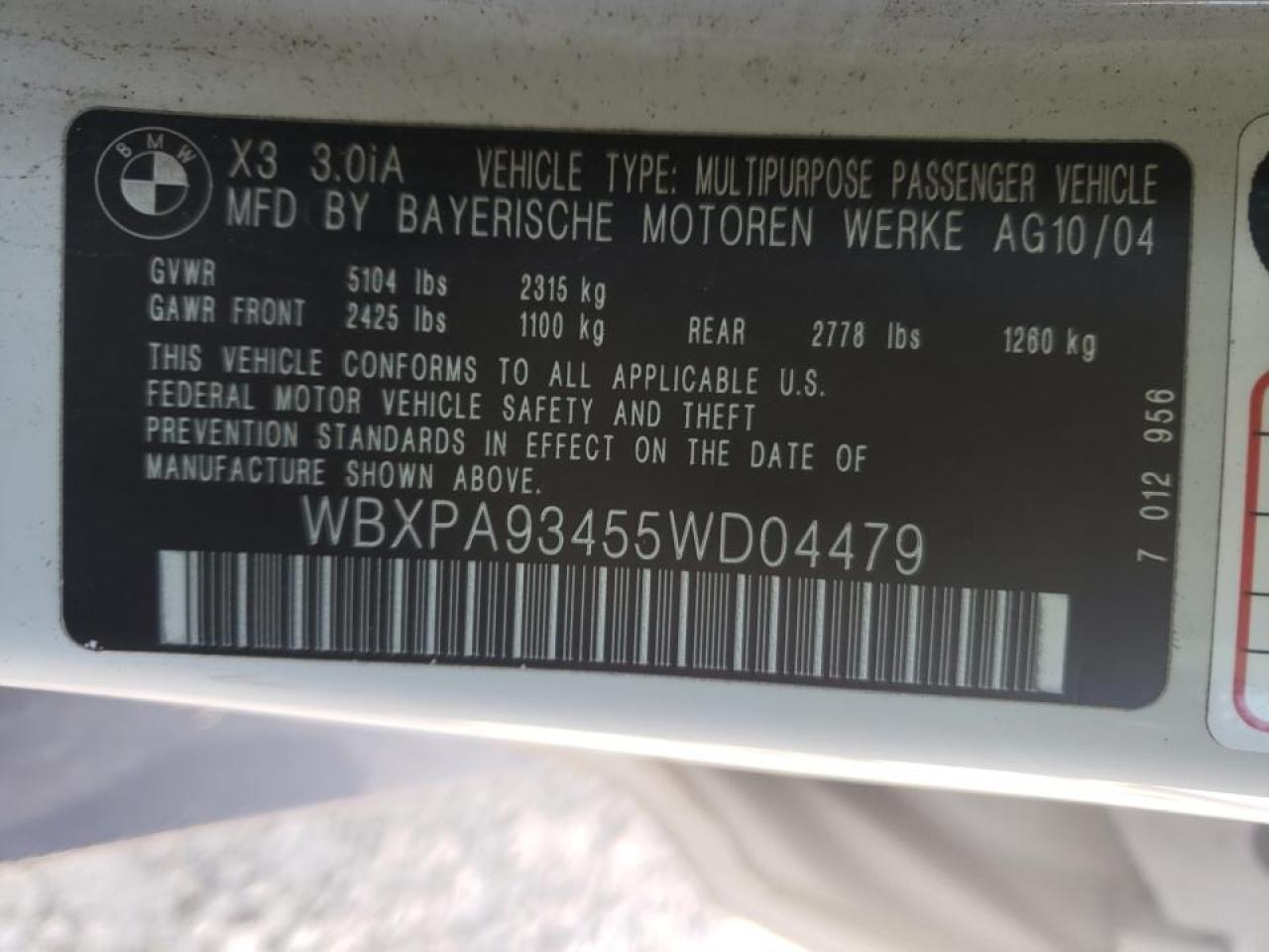 Photo 10 from auction – 2005 BMW X3 3.0I with VIN WBXPA93455WD04479