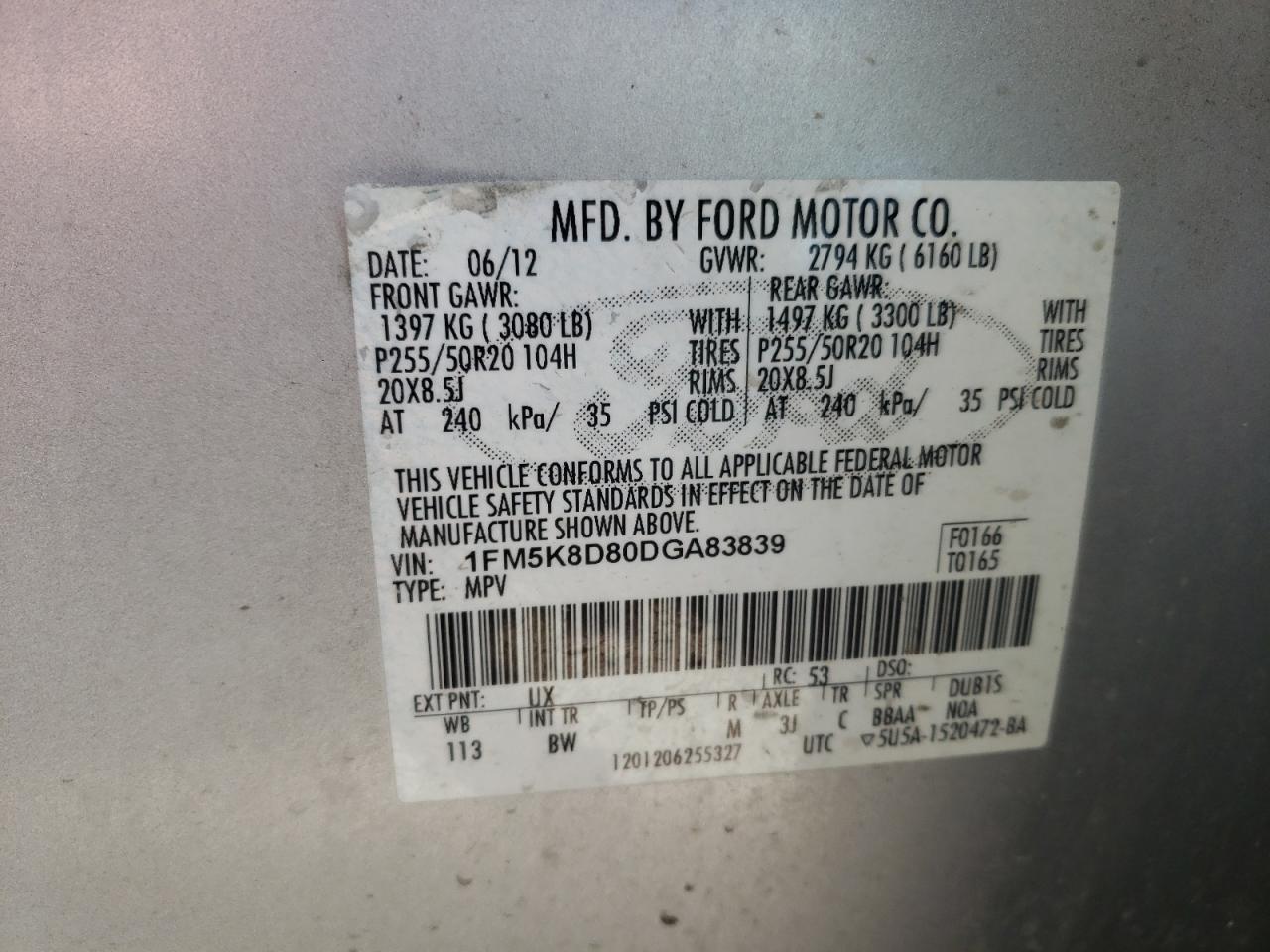 Photo 10 from auction – 2013 FORD EXPLORER X with VIN 1FM5K8D80DGA83839