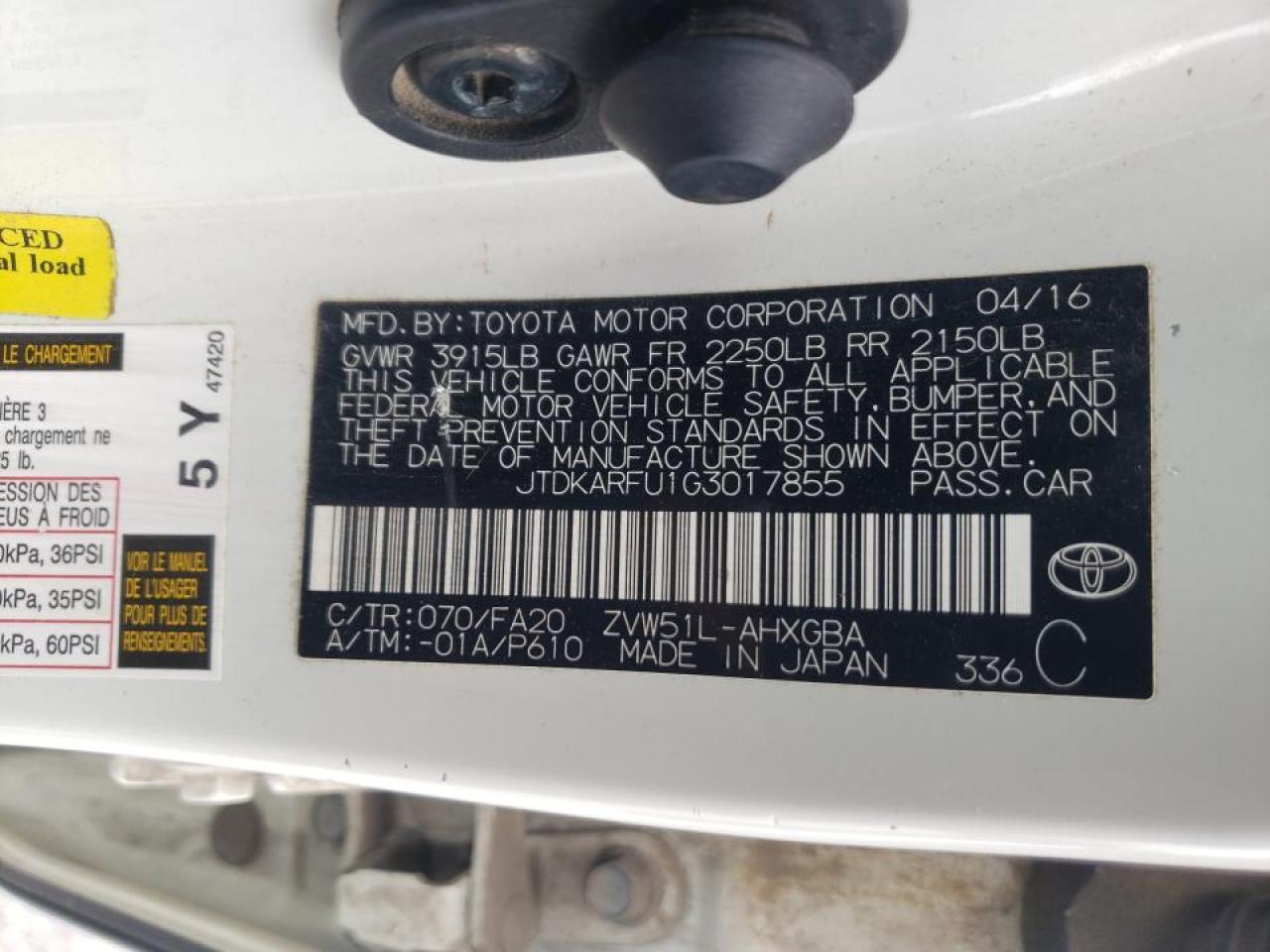 Photo 10 from auction – 2016 TOYOTA PRIUS with VIN JTDKARFU1G3017855