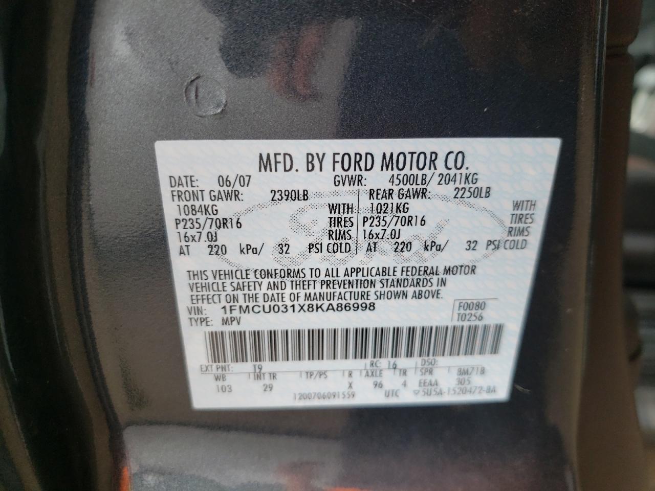 Photo 10 from auction – 2008 FORD ESCAPE XLT with VIN 1FMCU031X8KA86998