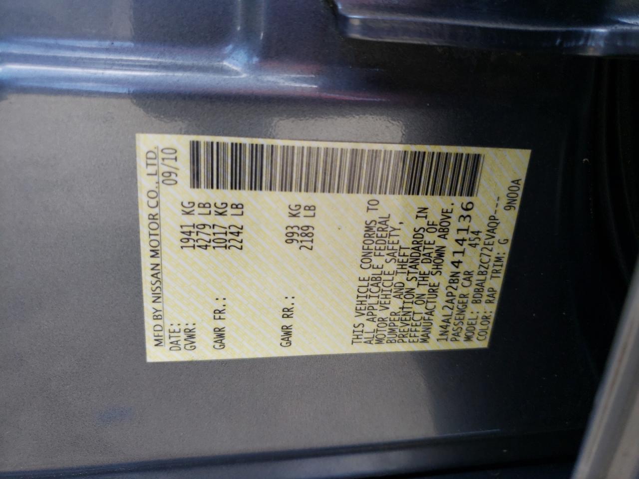 Фото 20 с аукциона – 2011 NISSAN ALTIMA BAS с VIN 1N4AL2AP2BN414136