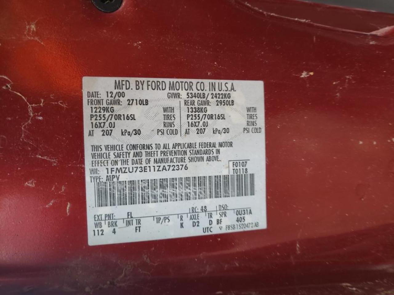 Photo 10 from auction – 2001 FORD EXPLORER with VIN 1FMZU73E11ZA72376