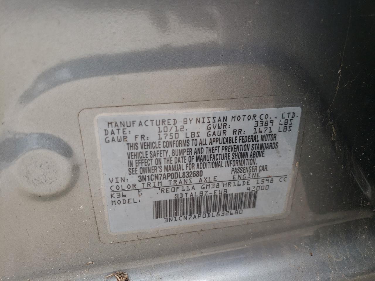 Photo 10 from auction – 2013 NISSAN VERSA S with VIN 3N1CN7AP0DL832680