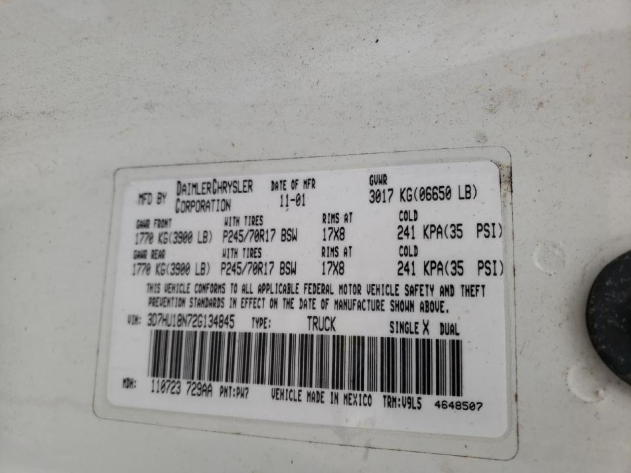 Photo 10 from auction – 2002 DODGE RAM 1500 with VIN 3D7HU18N72G134845