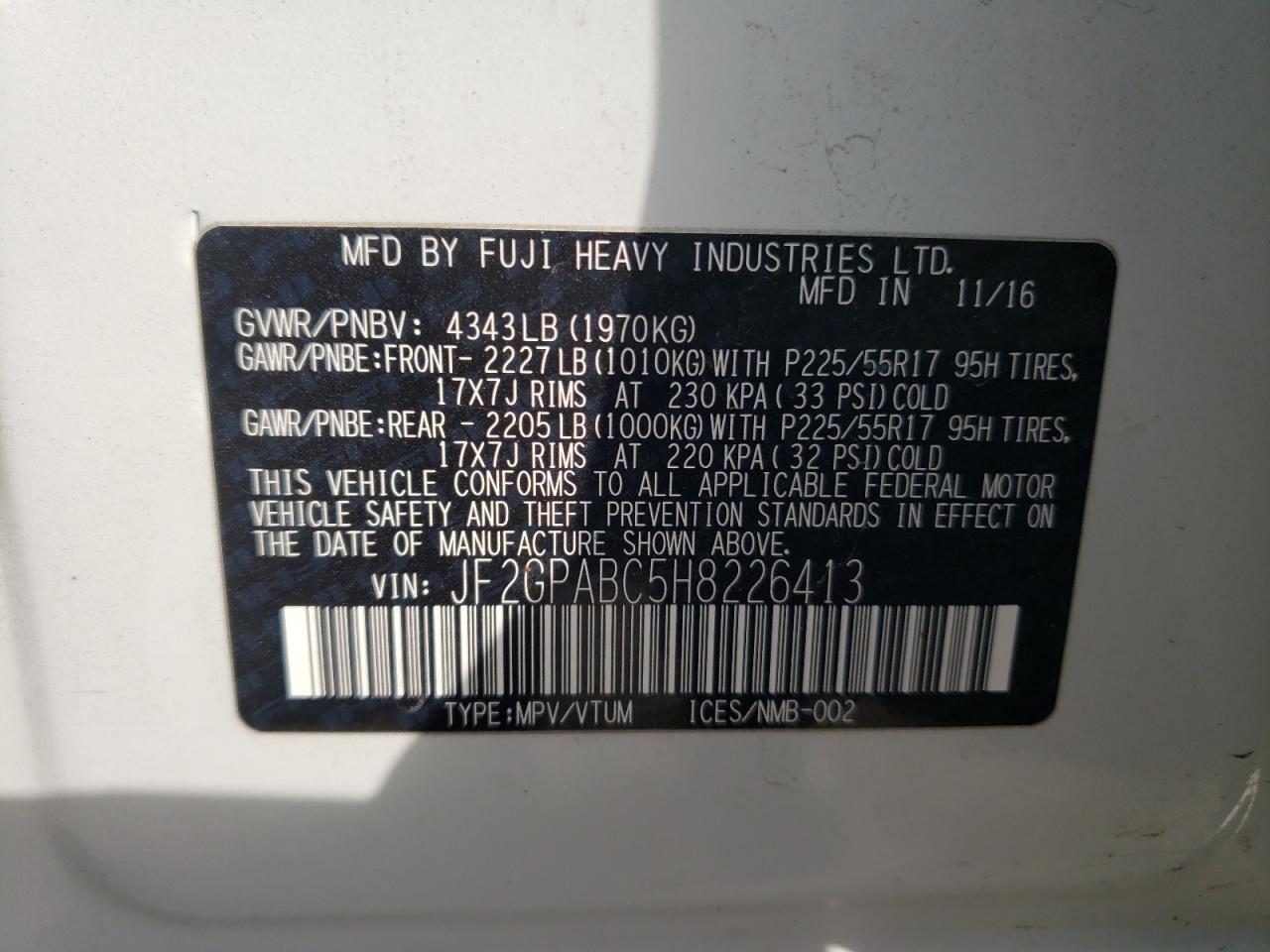 Photo 10 from auction – 2017 SUBARU CROSSTREK with VIN JF2GPABC5H8226413