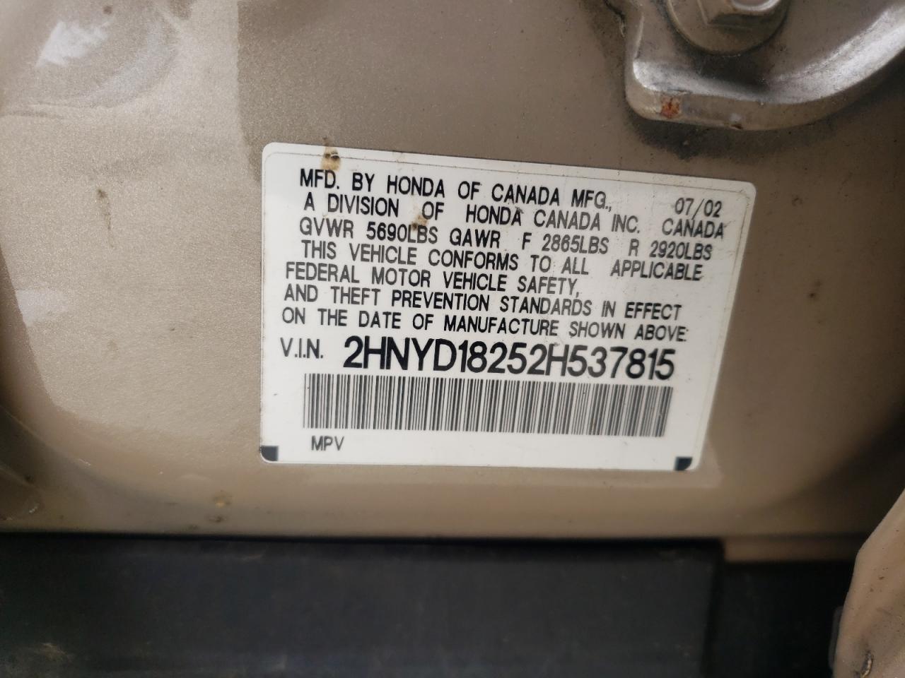 Photo 10 from auction – 2002 ACURA MDX with VIN 2HNYD18252H537815