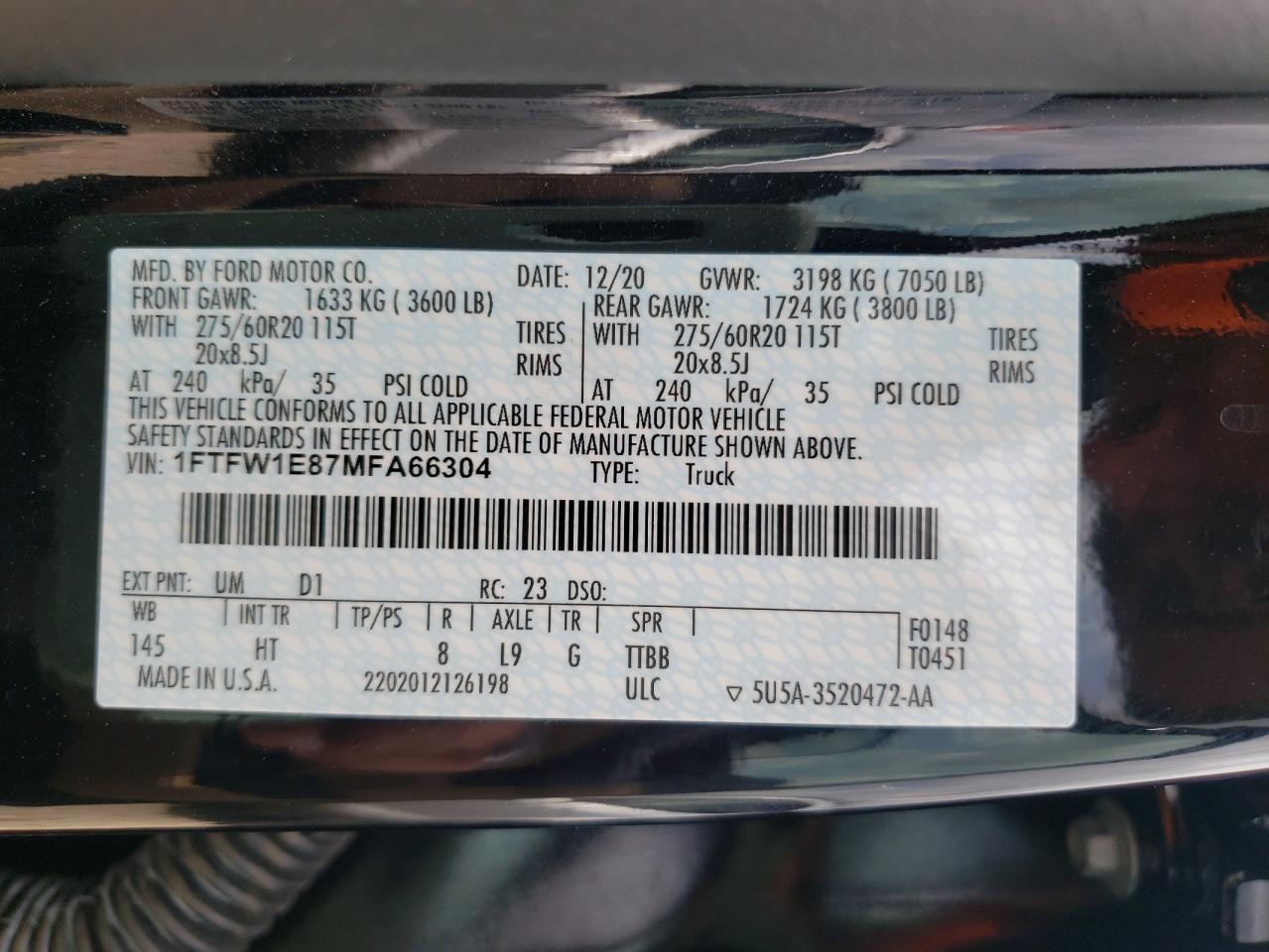Photo 10 from auction – 2021 FORD F150 SUPER with VIN 1FTFW1E87MFA66304