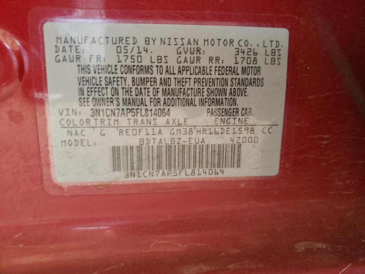 Photo 10 from auction – 2015 NISSAN VERSA S with VIN 3N1CN7AP5FL814064