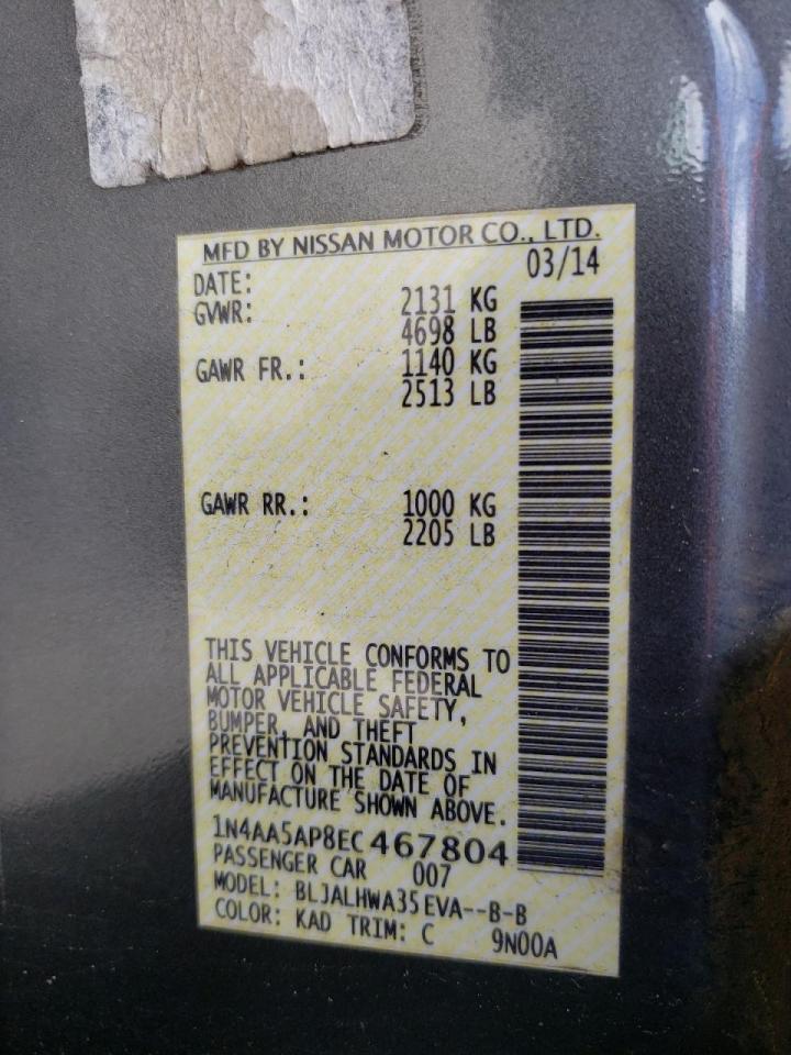 Photo 10 from auction – 2014 NISSAN MAXIMA S with VIN 1N4AA5AP8EC467804