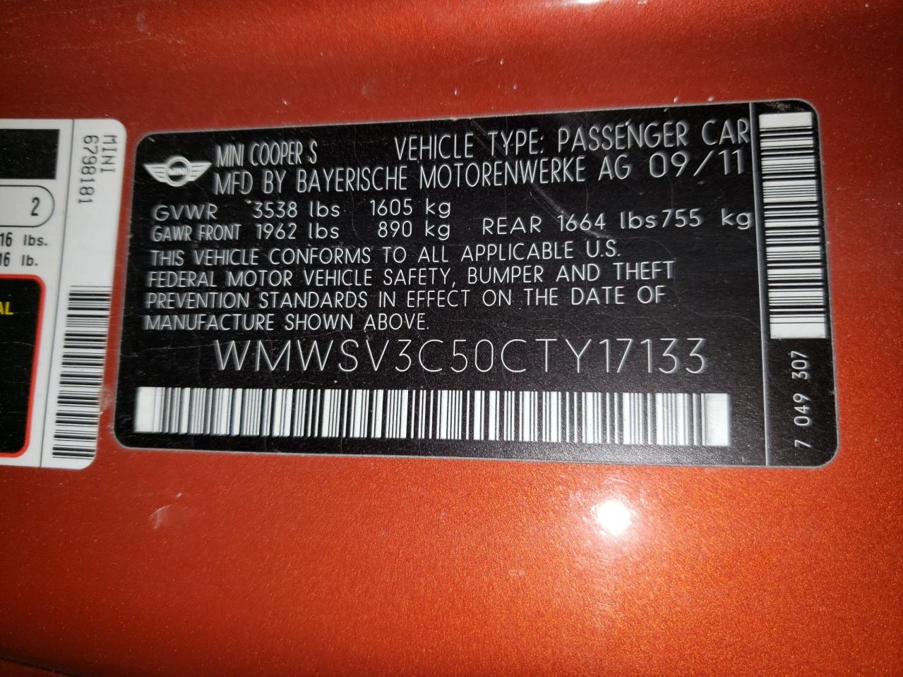 Photo 10 from auction – 2012 MINI COOPER S with VIN WMWSV3C50CTY17133