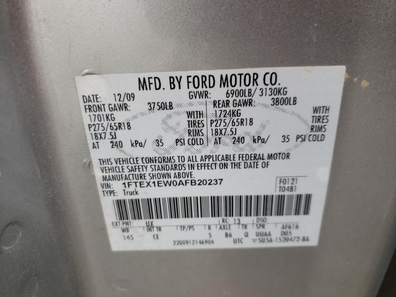 Photo 10 from auction – 2010 FORD F150 SUPER with VIN 1FTEX1EW0AFB20237
