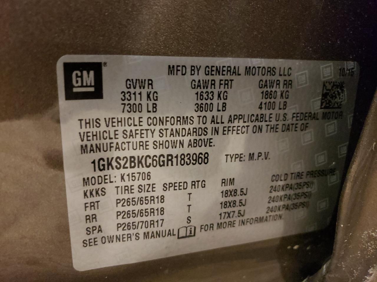Photo 10 from auction – 2016 GMC YUKON SLT with VIN 1GKS2BKC6GR183968