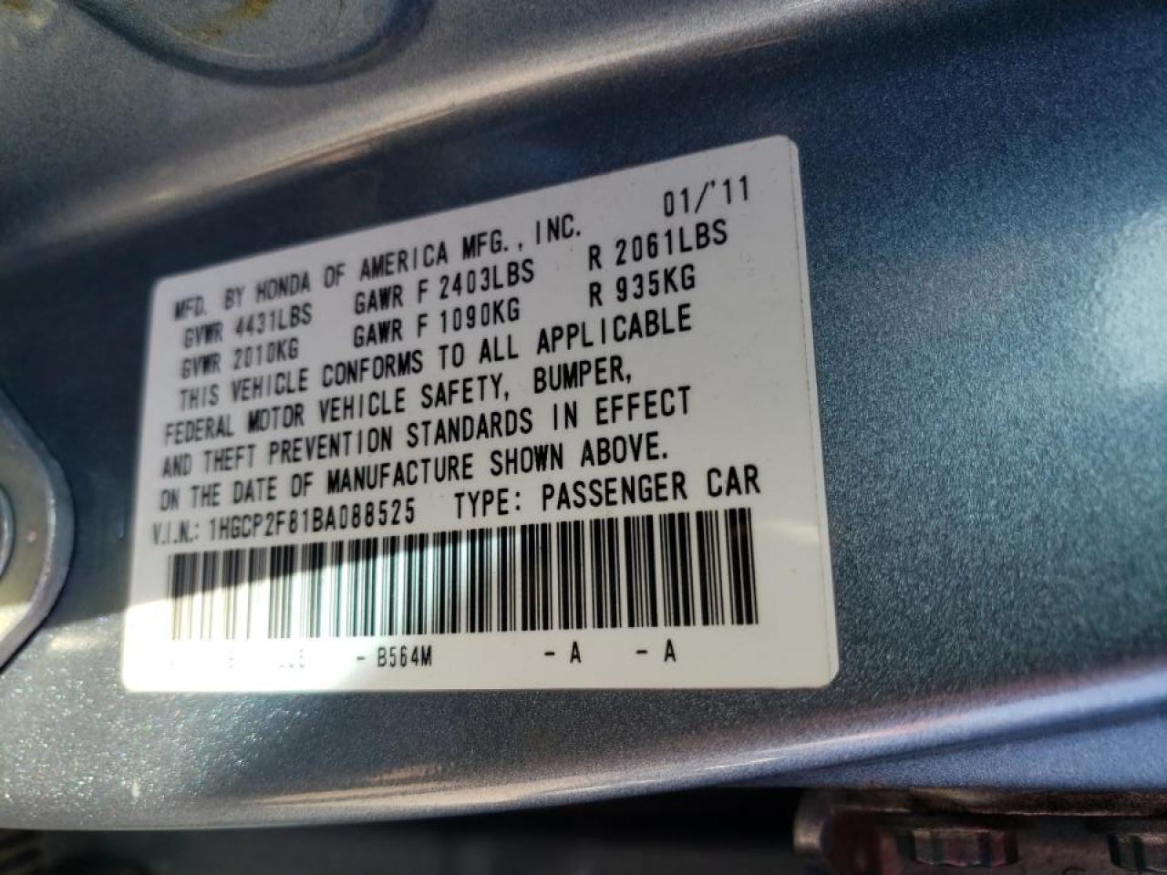 Photo 10 from auction – 2011 HONDA ACCORD EXL with VIN 1HGCP2F81BA088525