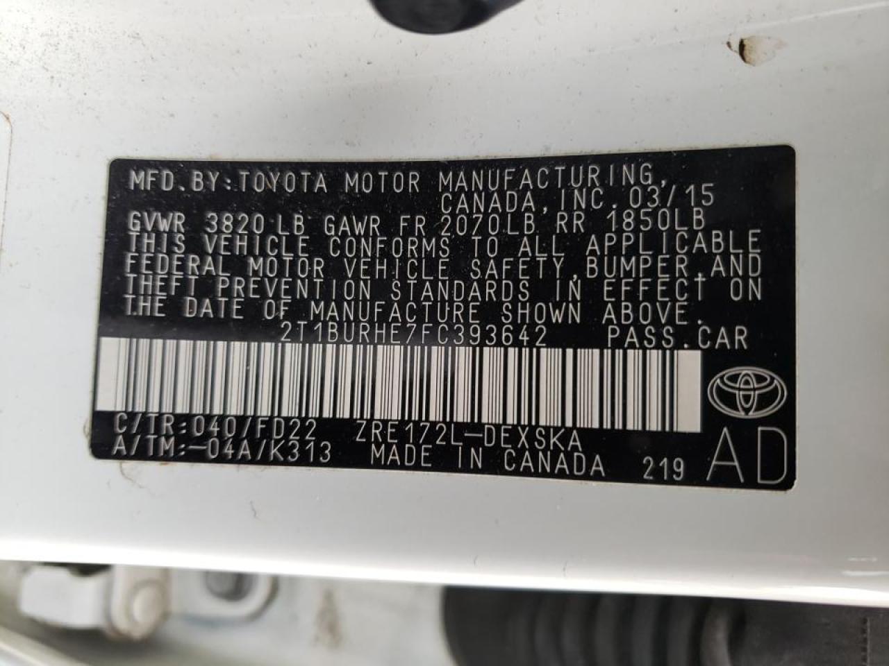 Photo 10 from auction – 2015 TOYOTA COROLLA L with VIN 2T1BURHE7FC393642